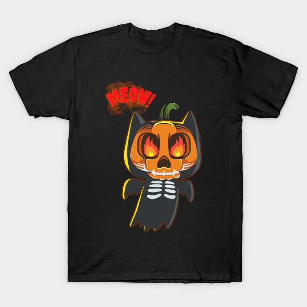 Halloween Scary Evil Cat Funny Pumpkin Head T-Shirt by MAii Art&Design